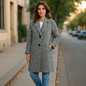 Max Studio Black White L Houndstooth Angora Look Long Coat Super Soft Knit